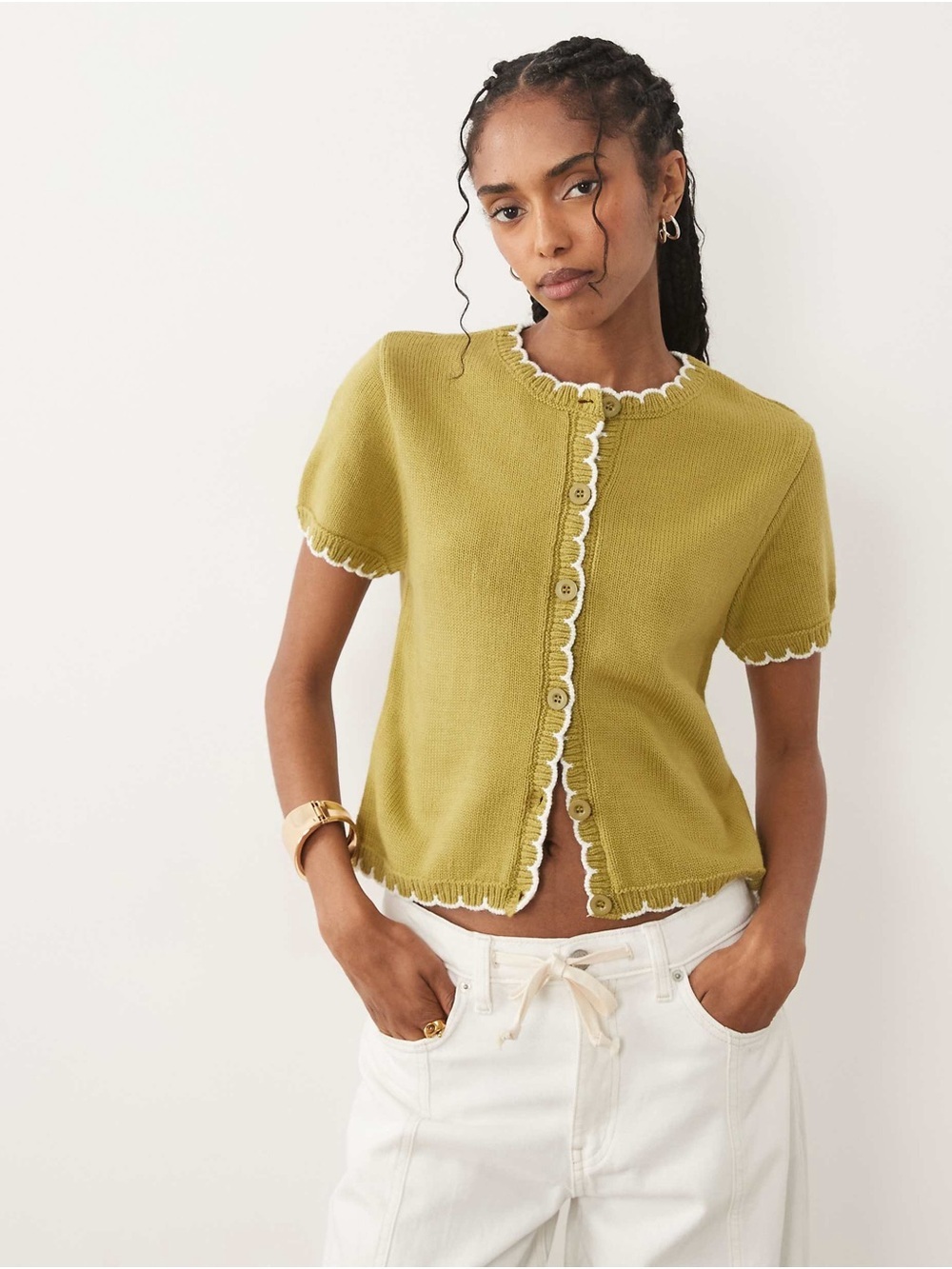Miss Selfridge Short-Sleeve Knit Blanket Stitch Cardigan